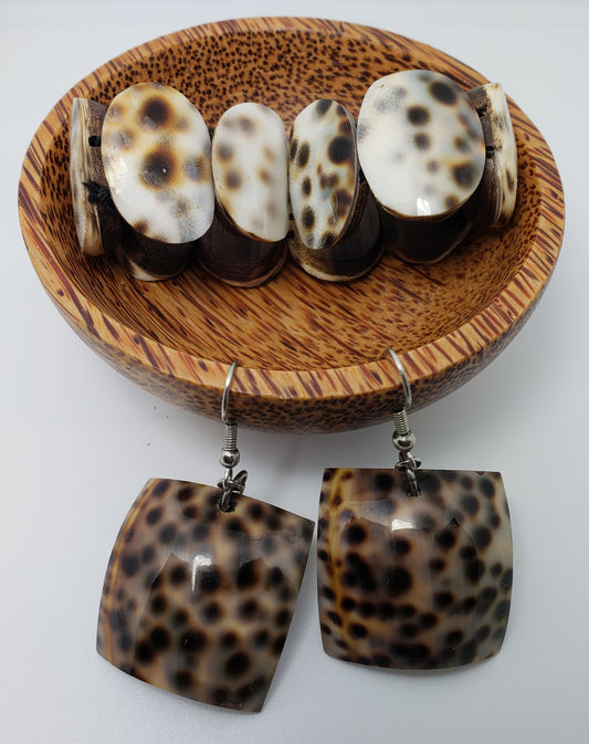 Shell earring and bracelet jewelry set.