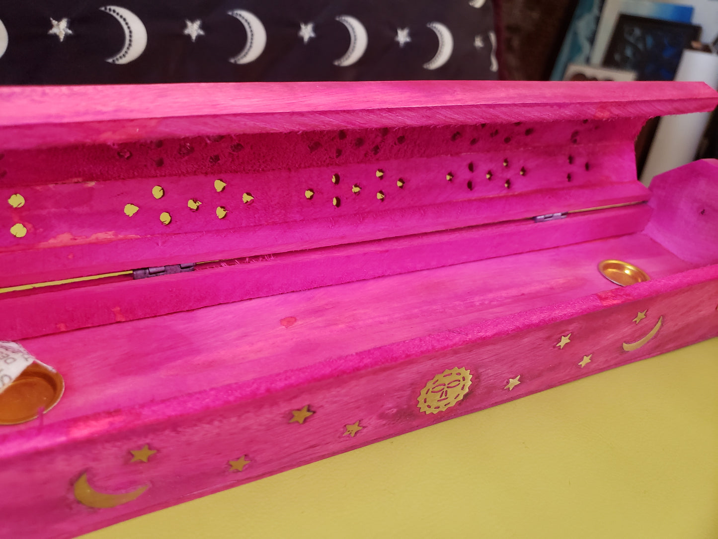 Pink wooden coffin incense burner