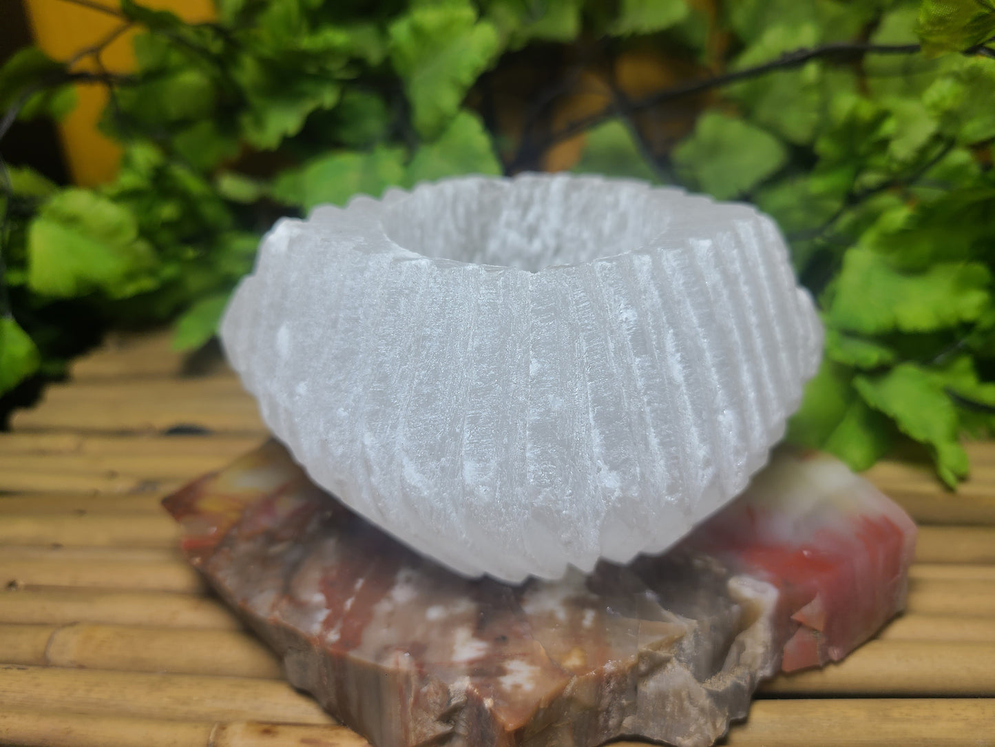 Carved Selenite Candle Holder