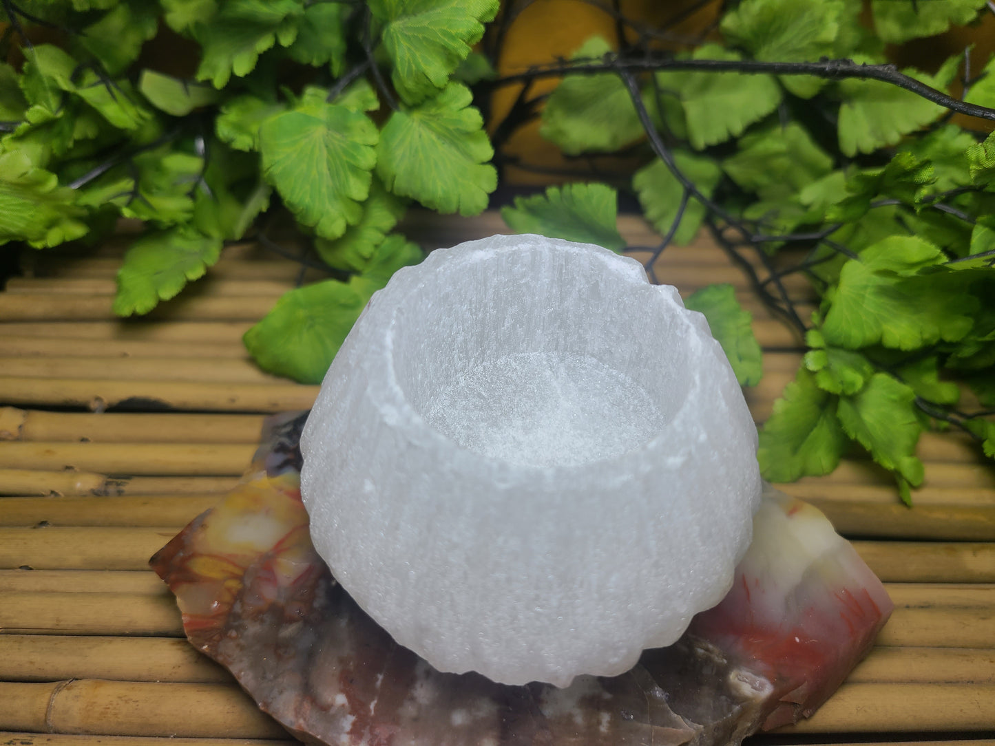 Carved Selenite Candle Holder