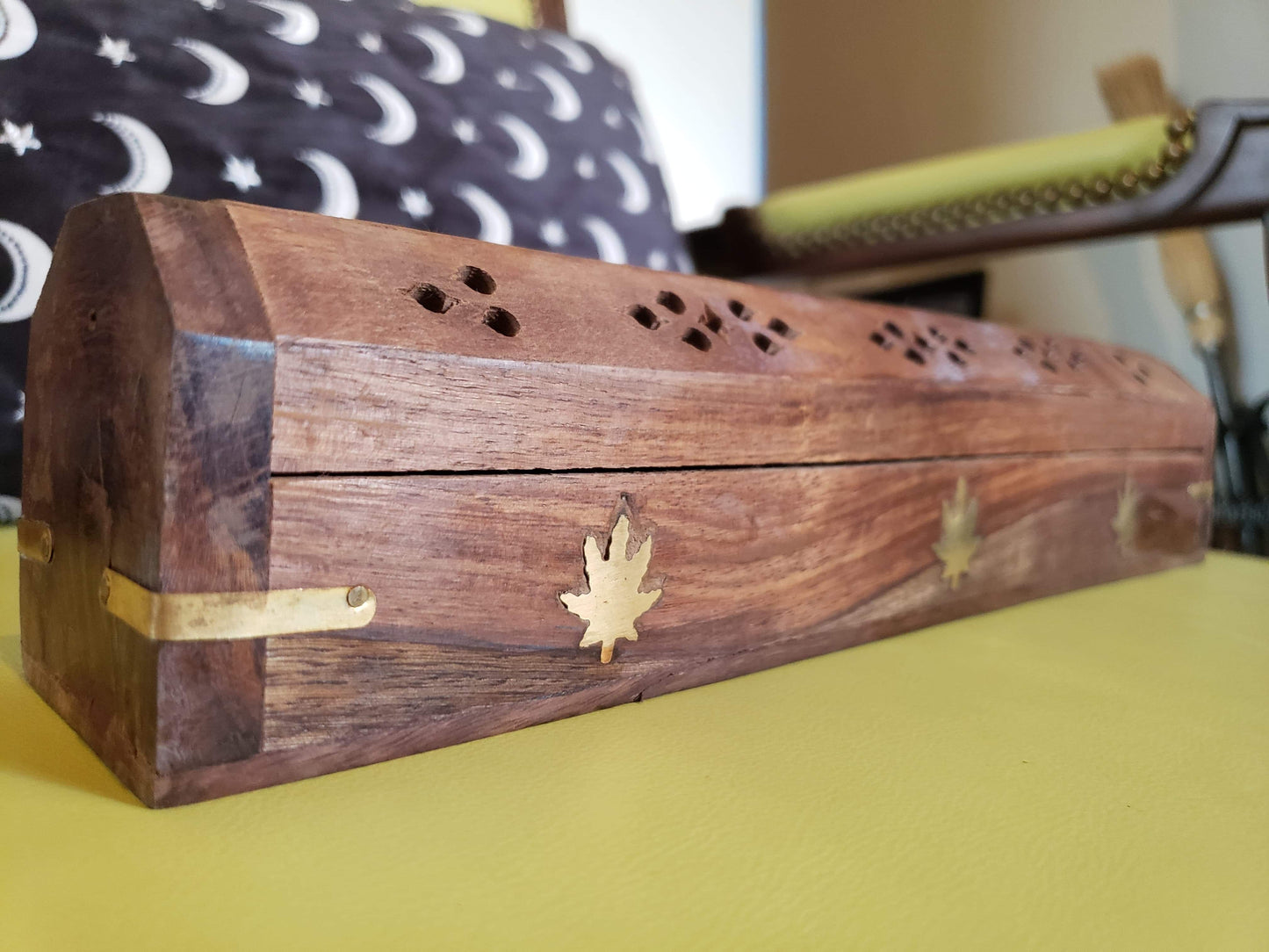 Cannabis Leaf Wood Coffin Incense Burner