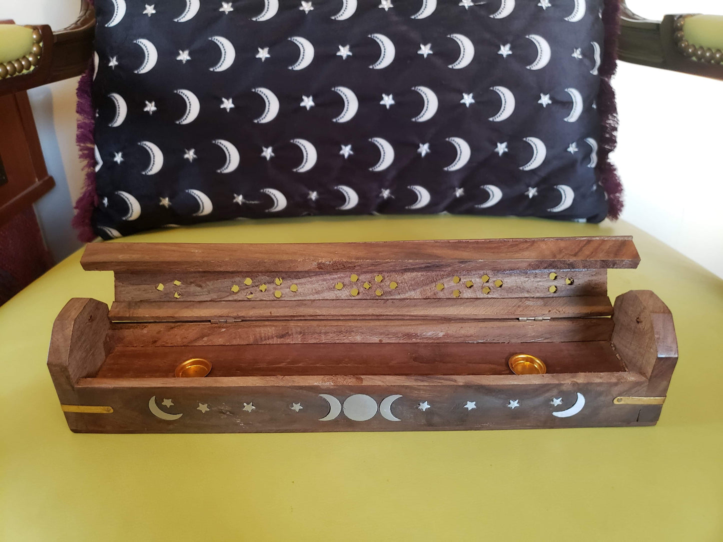 Silver Triple Moon Wood Coffin Incense Burner